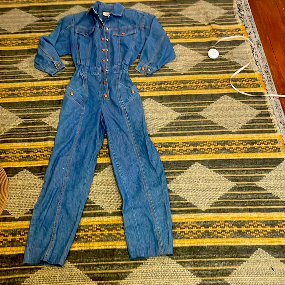 Denim vintage jumpsuit with incredible tailoring and copper snap details